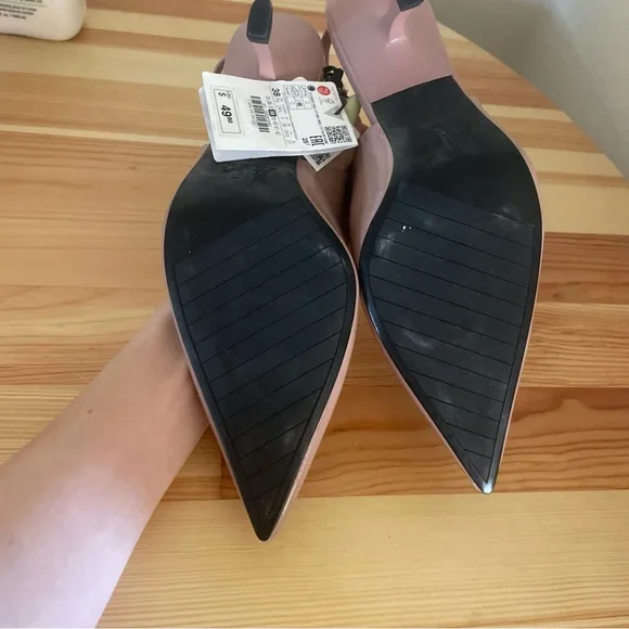 NWT Zara Pink Patent Leather Slingback Pointed Toe Kitten Heels - Picture 4 of 6
